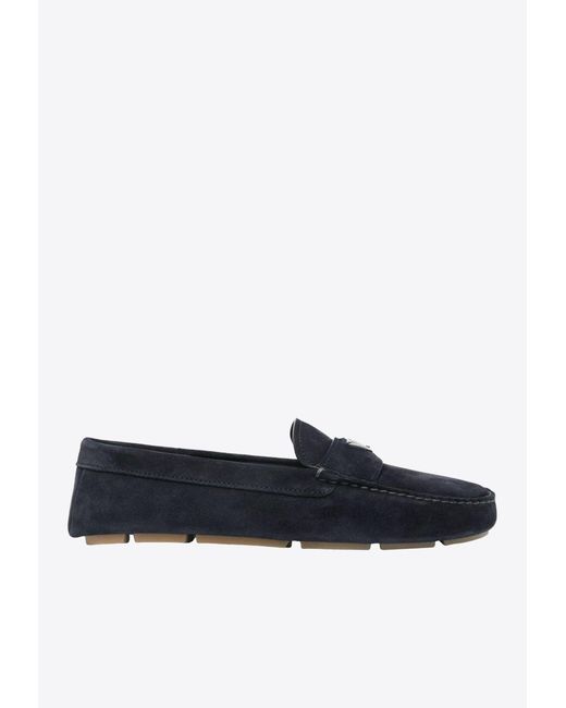 Prada Blue Enamel-Triangle-Logo Suede Loafers for men