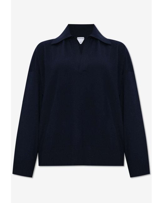 Bottega Veneta Blue V-Neck Wool Polo Sweater