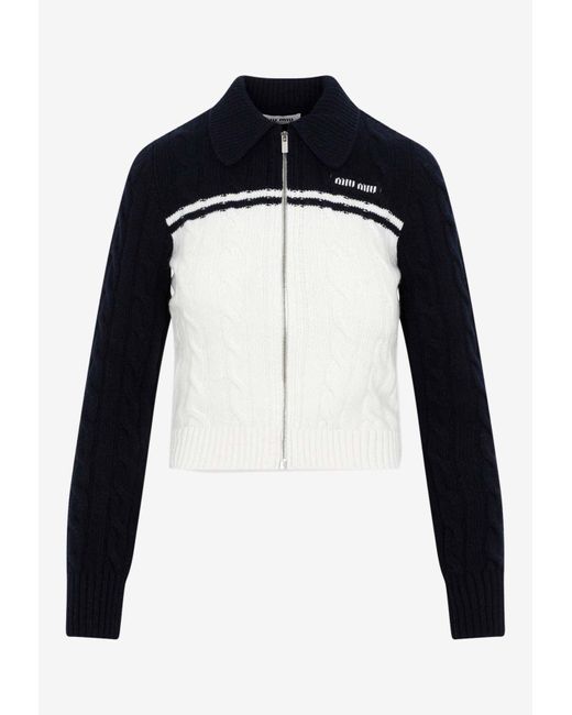 Miu Miu Black Cable-knit Zip-up Cardigan In Wool And Cashmere