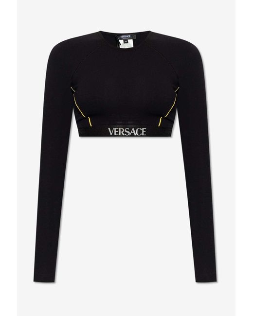 Versace Black Logo Waistband Long-Sleeved Crop Top
