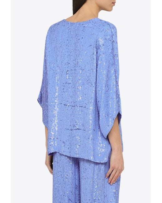 P.A.R.O.S.H. Blue V-Neck Sequined Blouse