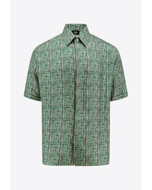Fendi Green Woven-Effect Ff Monogram Silk Shirt for men