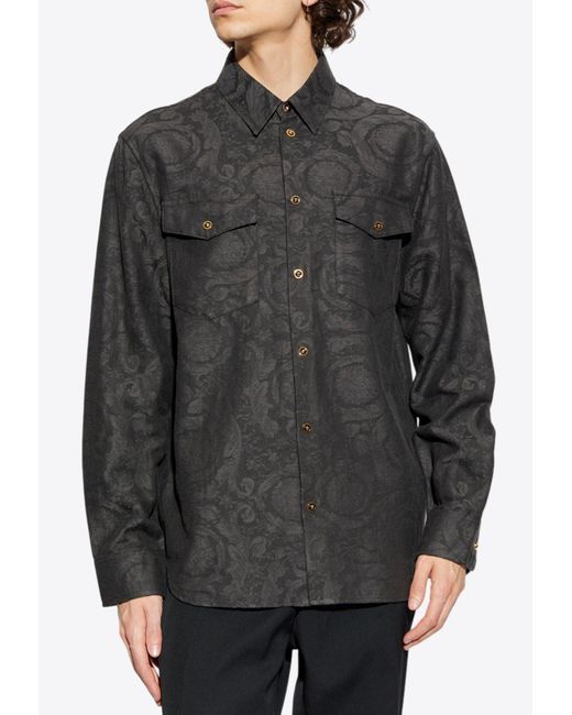 Versace Gray Barocco Jacquard Denim Shirt for men