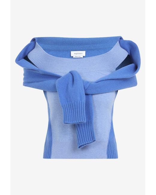 McQueen Blue Off-Shoulder Knit Top
