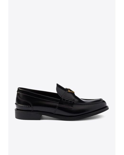 Prada Black Triangle Logo Brushed Leather Loafers