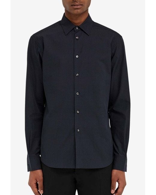 Ferragamo Blue Micro Logo Pattern Button-Up Shirt for men