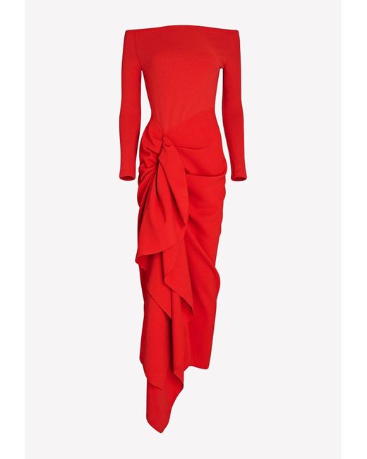 Solace London Red Lotus Off-shoulder Draped Midi Dress