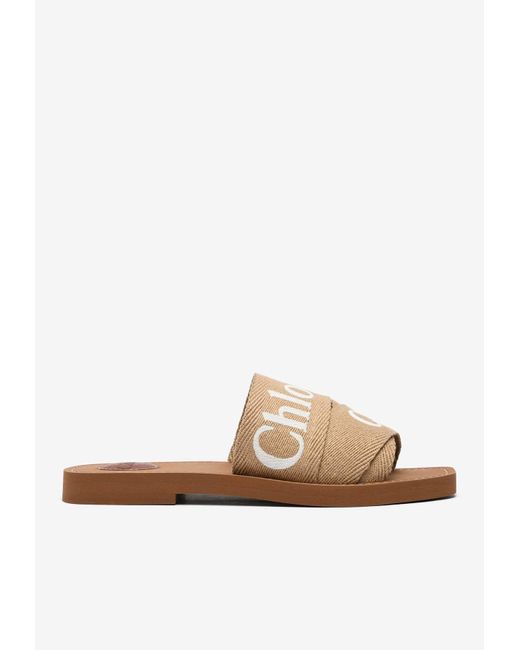 Chloé White Woody Logo Jacquard Flat Sandals