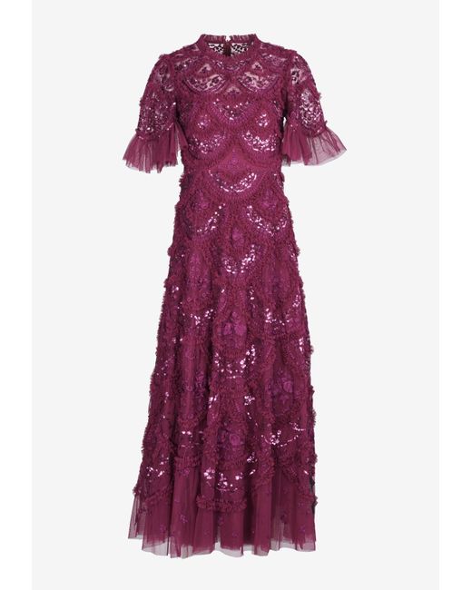 Needle & Thread Purple Sequin-Embellished Ruffle Gown