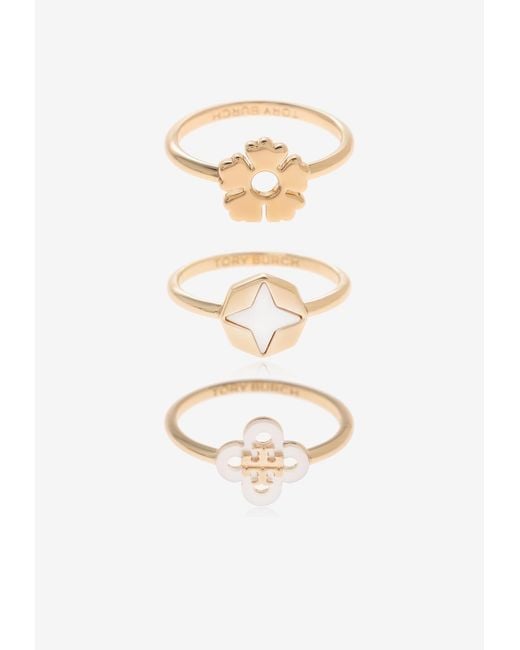 Tory Burch White Kira Clover Stacking Ring Set