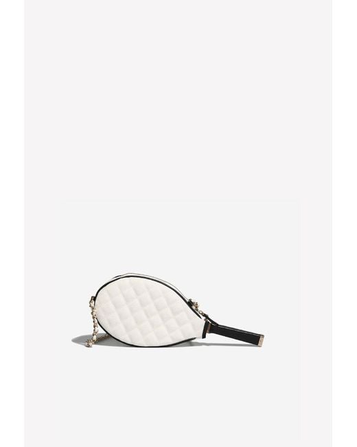 Chanel Tennis-racket Clutch With Chain In White Canvas And Black