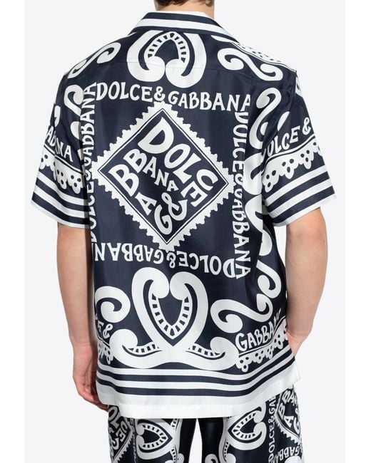 Dolce & Gabbana Blue Marina Print Bowling Silk Shirt for men