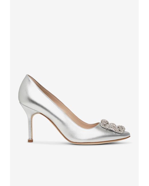 Manolo Blahnik White Hangisi 90 Crystal Buckle Pumps