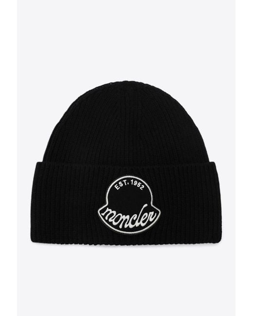 Moncler Black Logo Embroidered Wool Beanie for men
