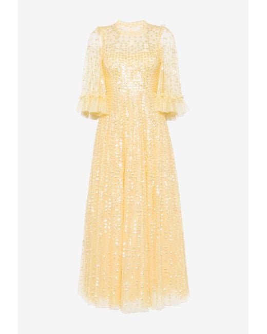 Needle & Thread Yellow Raindrop Sequins-Embellished Gown