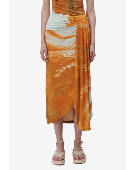 Jonathan Simkhai Orange Gwena Marble Print Midi Skirt