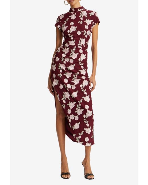 rotate birger christensen asymmetric appliqué midi dress ROTATE BIRGER CHRISTENSEN Asymmetric Floral Midi Dress in Red