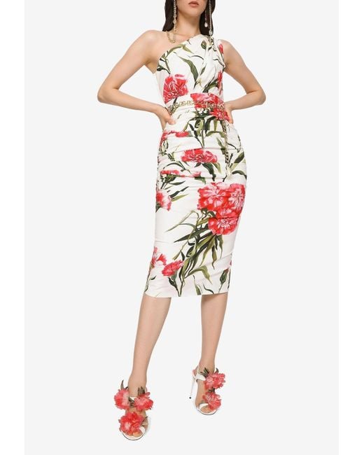 Dolce & Gabbana White Carnation-Print One-Shoulder Midi Dress
