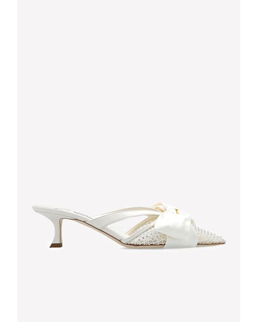 Jimmy Choo White Flaca 50 Crystal Mesh Mules With Satin Bows