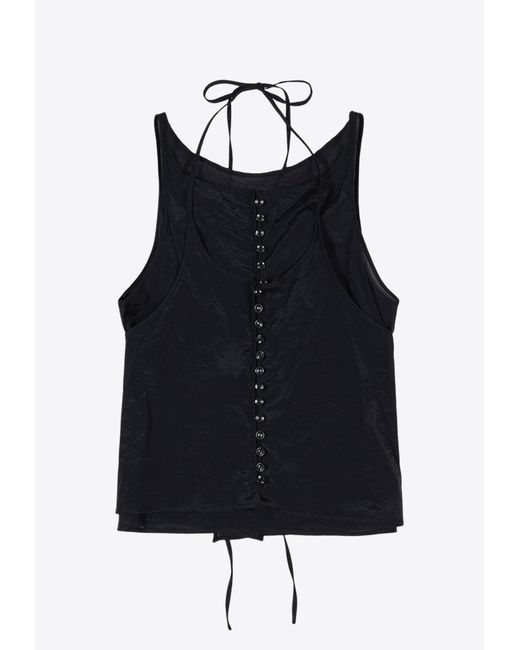 Low Classic Blue See-Through Button Loop Sleeveless Top