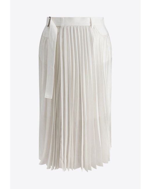 Sacai White Pleated Midi Skirt With Belt