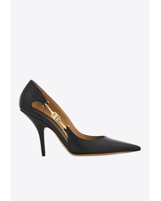 Ferragamo White Tulip 95 F Buckle Leather Pumps