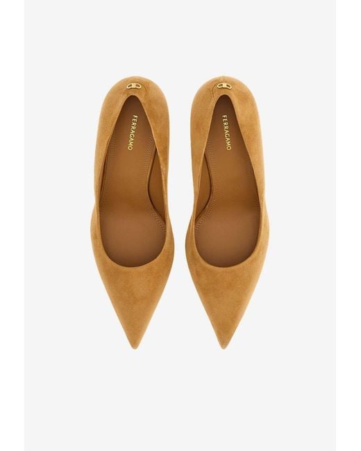 Ferragamo White Elydea 70 Pointed Suede Pumps