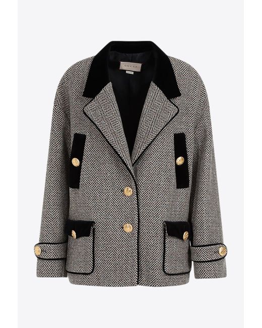 Gucci Black Herringbone Wool Short Coat