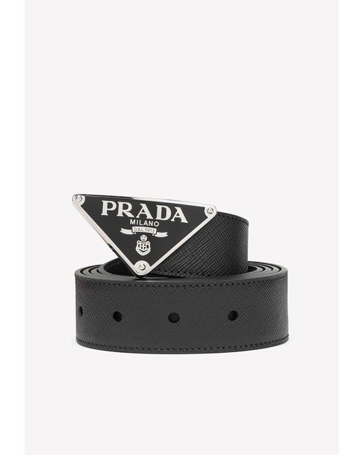 Prada Black Triangle Logo Leather Belt for men
