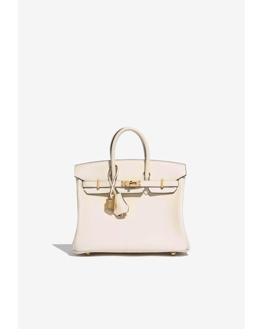 Hermès White Birkin 25 Top Handle Bag In Nata Swift With Gold Hardware