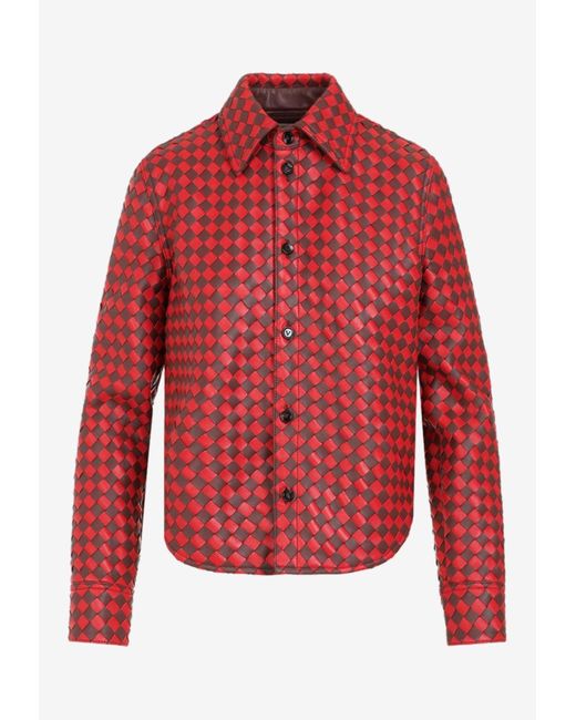 Bottega Veneta Red Two-Tone Intrecciato Leather Shirt
