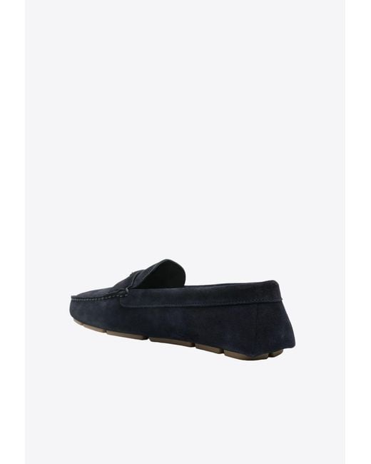 Prada Blue Enamel-Triangle-Logo Suede Loafers for men