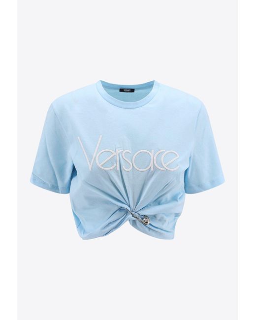 Versace Blue Logo Embroidered Cropped T-Shirt