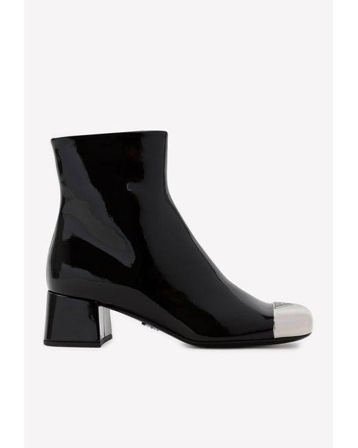 Prada Black Patent Leather Ankle Boots With Metal Toe Caps
