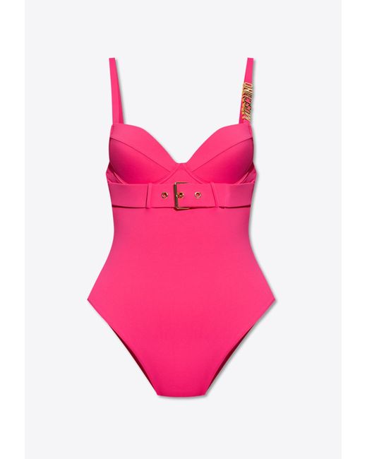 Moschino Pink Logo Plaque One-Piece Belted Swimsuit