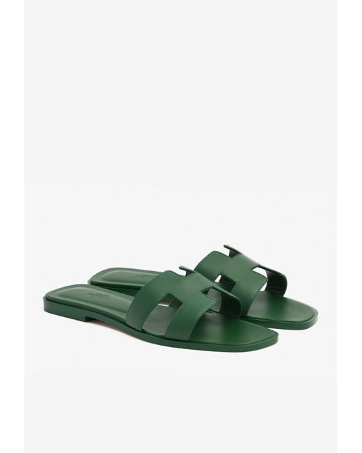 Hermès Green Oran H Cut-out Sandals In Calf Leather