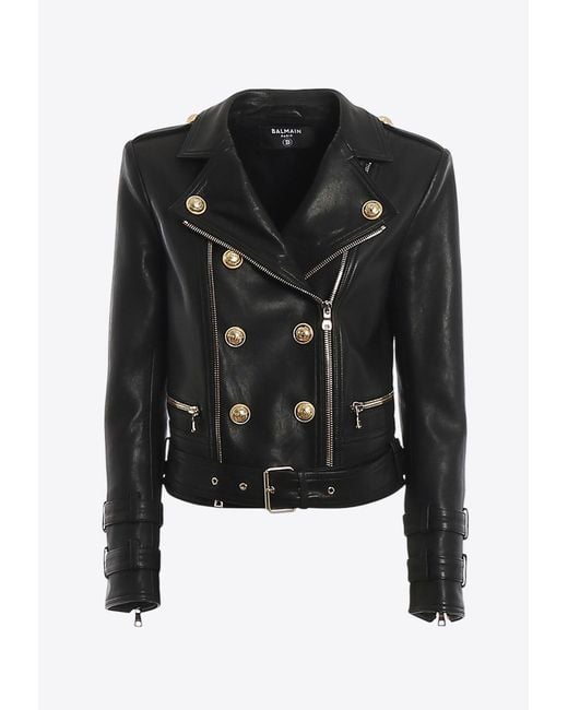 Balmain Black Buttoned Leather Biker Jacket