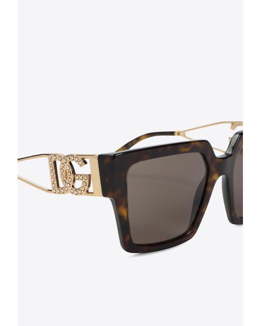 Dolce & Gabbana Gray Embellished Dg Logo Rectangular Sunglasses