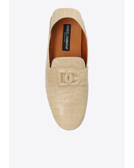 Dolce & Gabbana White Dg Logo Croc-Embossed Leather Loafers for men