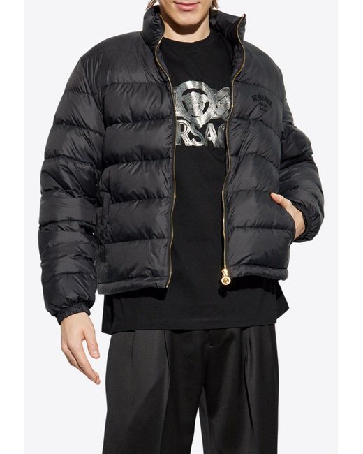Versace Black Barocco Jacquard Zip-Up Puffer Jacket for men