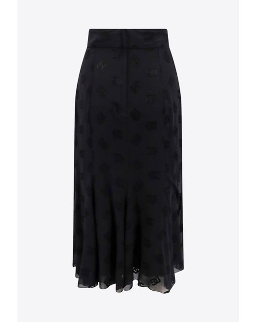 Dolce & Gabbana Black All-Over Dg Logo Dévoré Satin Midi Skirt