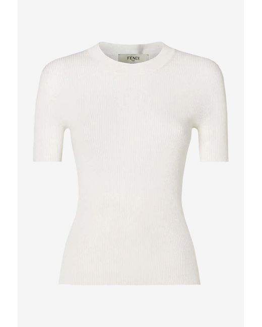 Fendi White Ribbed Knit Slim Top