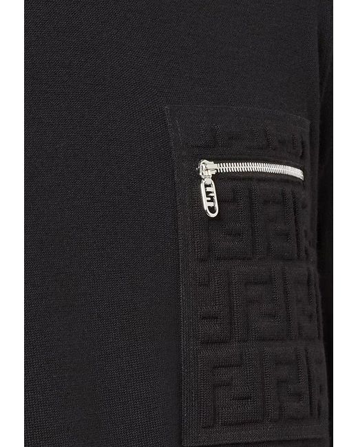 Fendi Black Embossed Ff Ribbed Wool Sweater for men