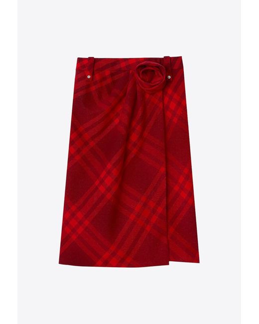 Burberry Red Floral Appliqué Checked Midi Skirt