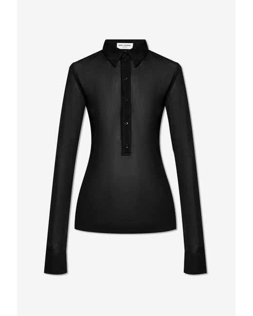 Saint Laurent Black Semi-Sheer Polo T-Shirt