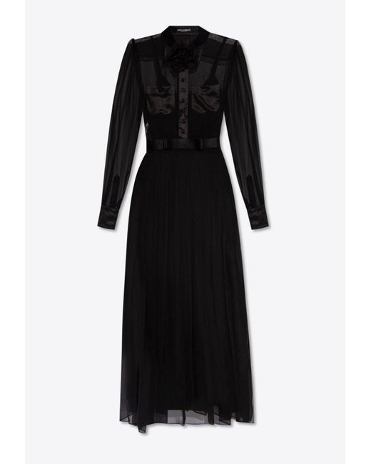 Dolce & Gabbana Black Floral Appliqué Semi-Sheer Midi Dress