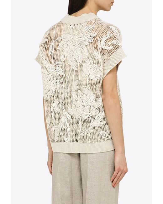 Brunello Cucinelli Natural Net Embroidery Short-Sleeved Cardigan