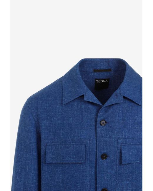 Zegna Blue Cashmere And Linen Long-Sleeved Shirt for men