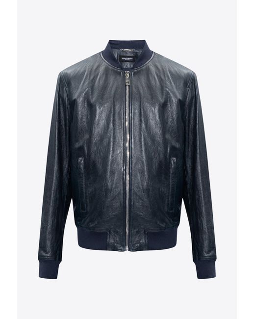 Dolce & Gabbana Blue Zip-Up Leather Bomber Jacket for men