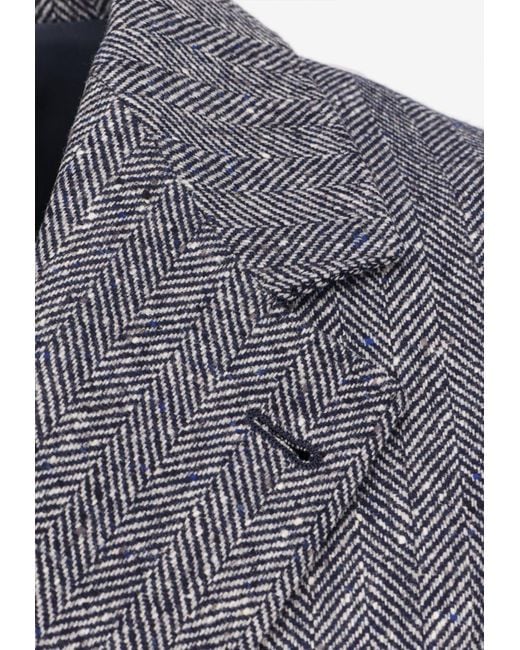 Brunello Cucinelli Gray Single-Breasted Herringbone Wool Blazer for men